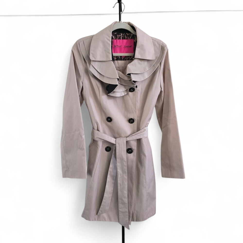 Betsey Johnson Ruffle Trench Coat Women's M Beige Belted Double Breasted Jacket - Picture 2 of 5